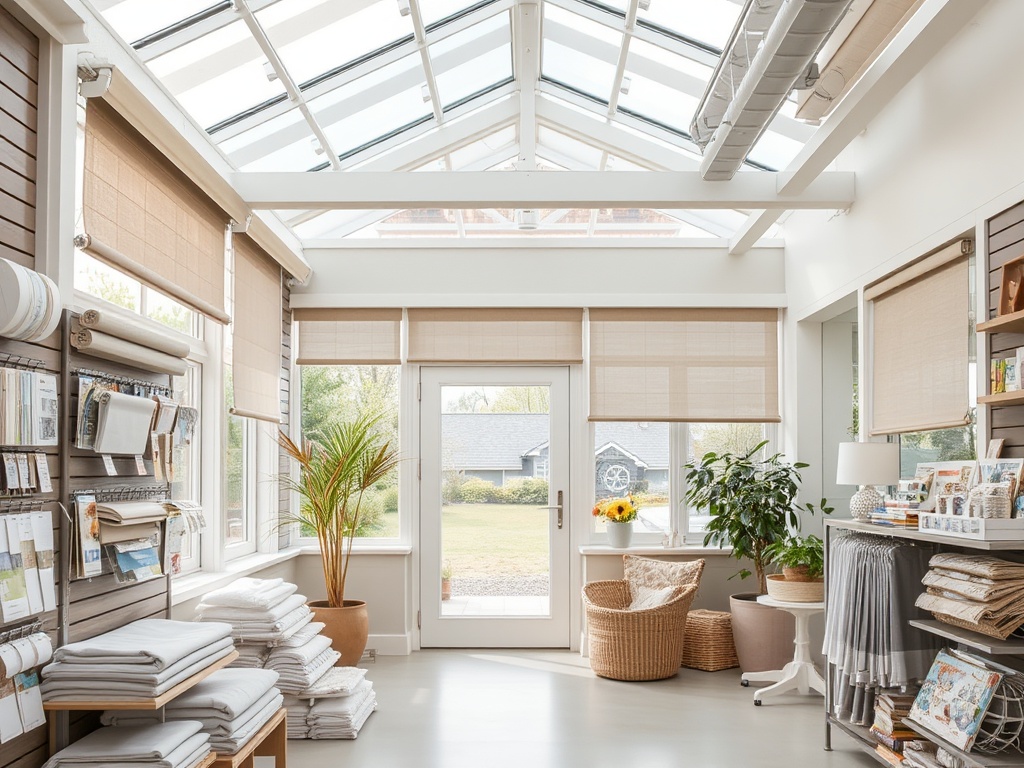 Soft morning sunlight filtering through natural woven shades in a serene room.
